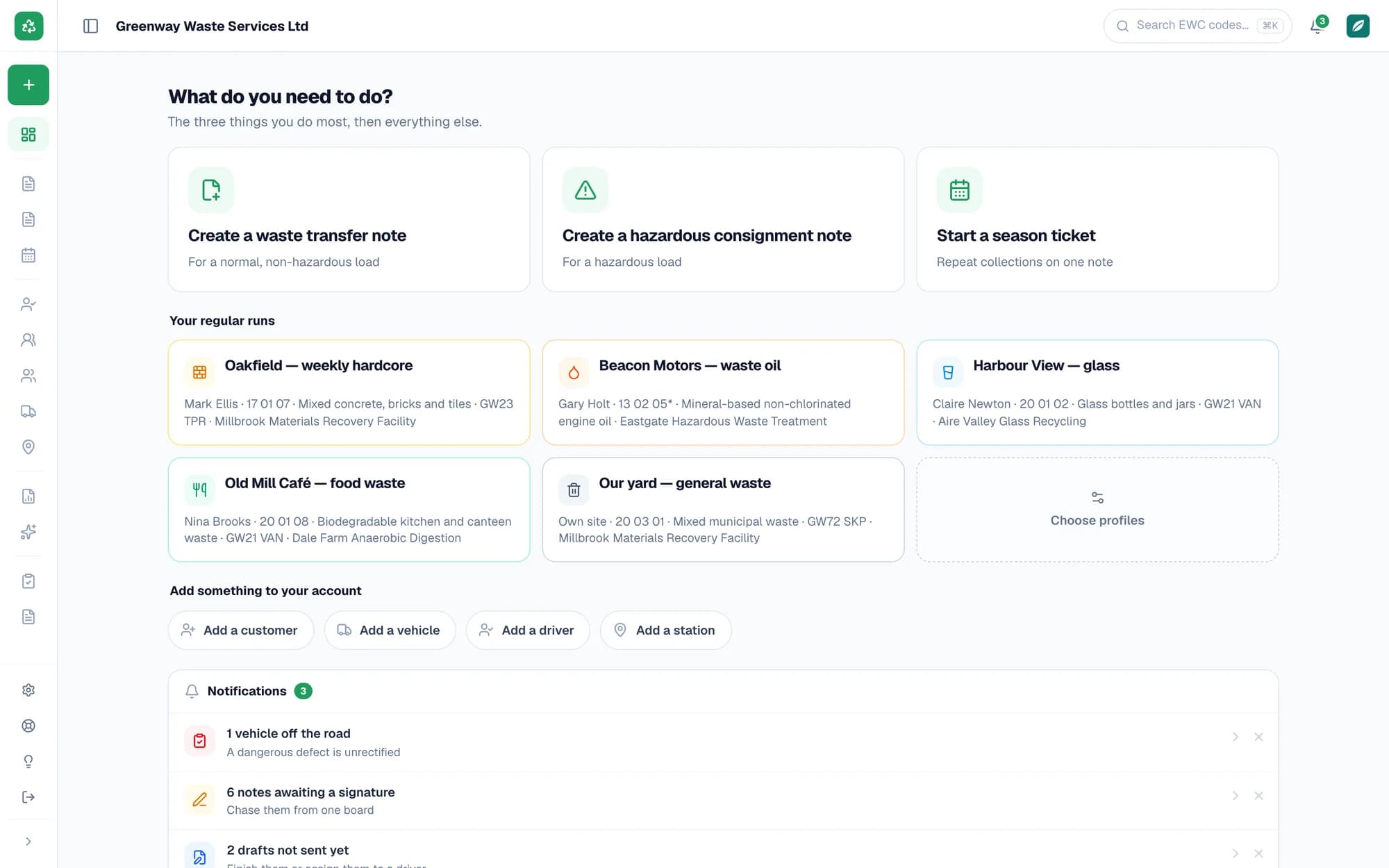 The WTNcloud web dashboard: buttons to create a waste transfer note, a hazardous consignment note or a season ticket, your regular collection runs, and notifications.