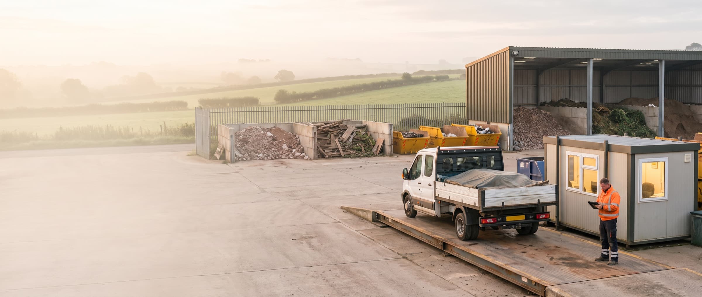 A tipper on the weighbridge at a small rural transfer station at dawn, with the site operative checking a tablet.